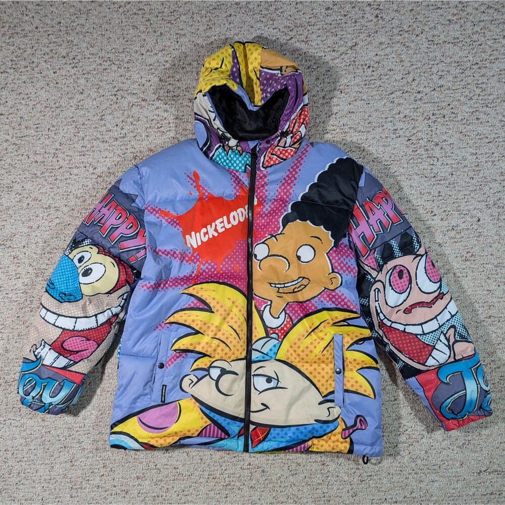 Members Only Nickelodeon Puffer Jacket Reptar Ren Stimpy Arnold Purple Size XL